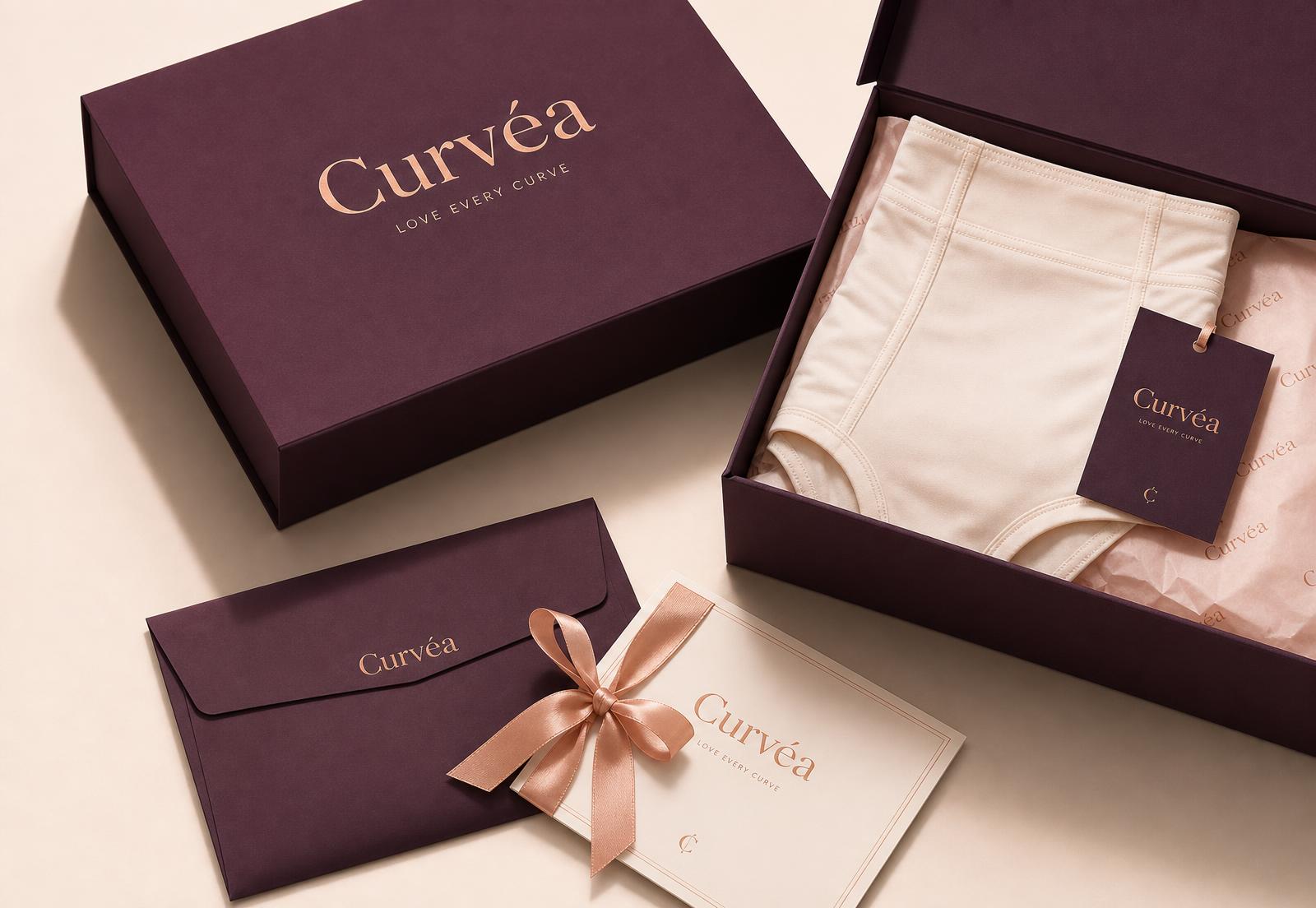 Curvéa plum gift box with rose-gold foil wordmark, tissue-wrapped shapewear, mailer envelope and ribbon-tied card